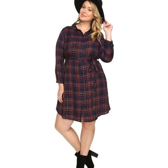 EUC Plus Size Lucky Brand Navy & Gold Shimmer Plaid Shirt Dress – Size 2X - Picture 1 of 11